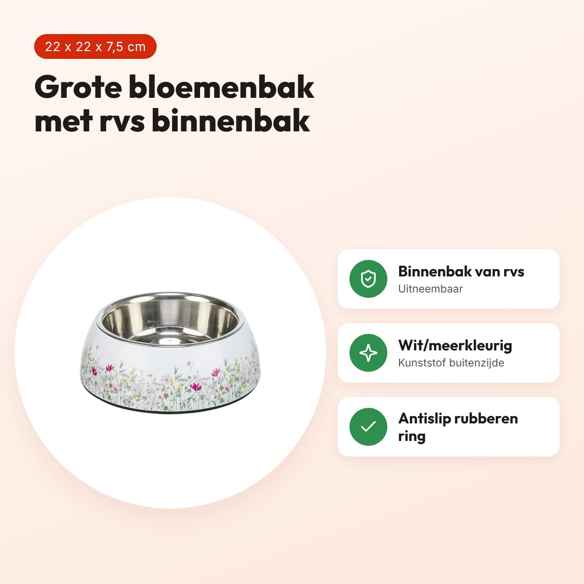 Trixie voerbak/drinkbak bloemmotief rvs wit/meerkleurig 22 x 22 x 7,5 cm – voordelen