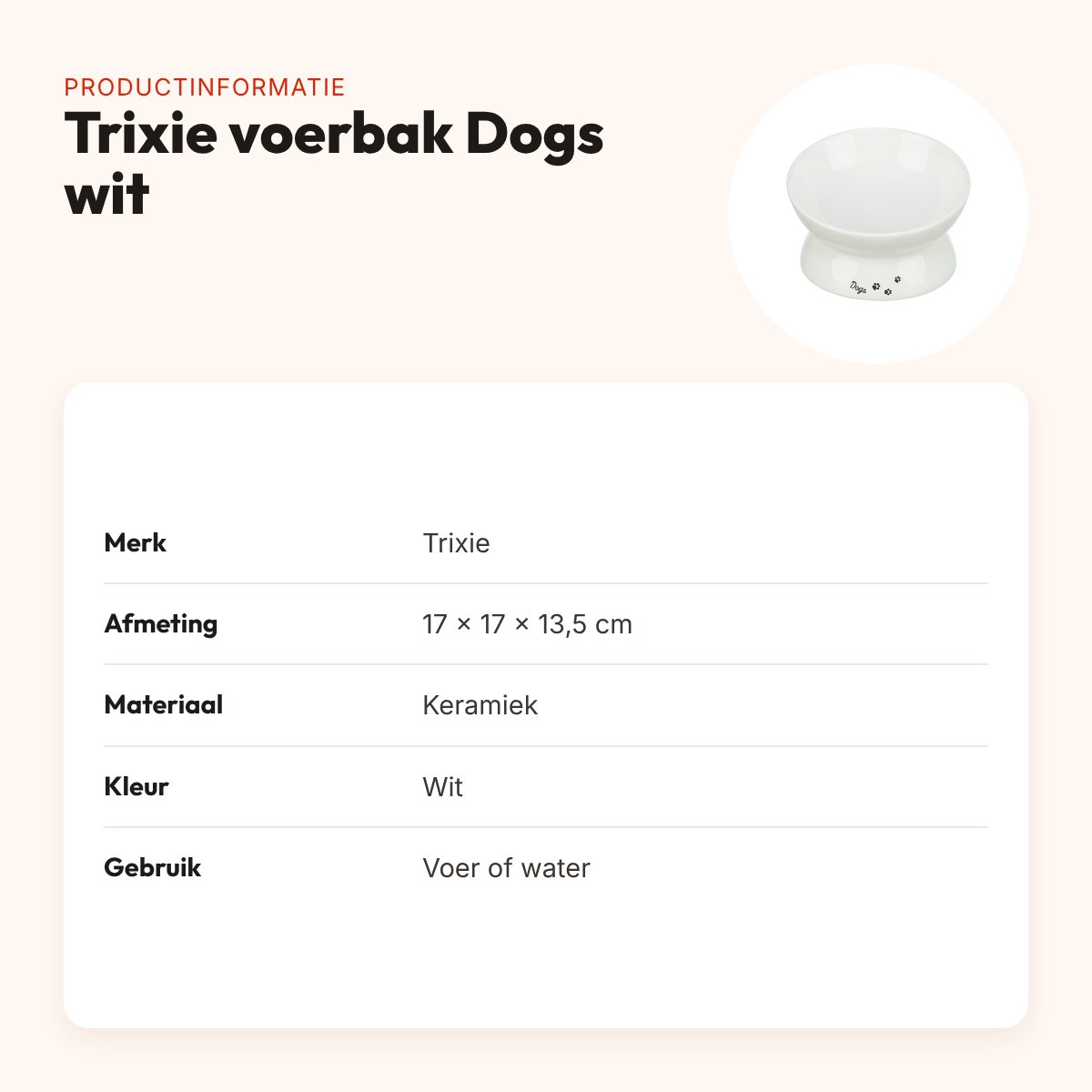 Trixie voerbak/drinkbak Dogs keramiek verhoogd wit 17 x 17 x 13,5 cm – productinformatie