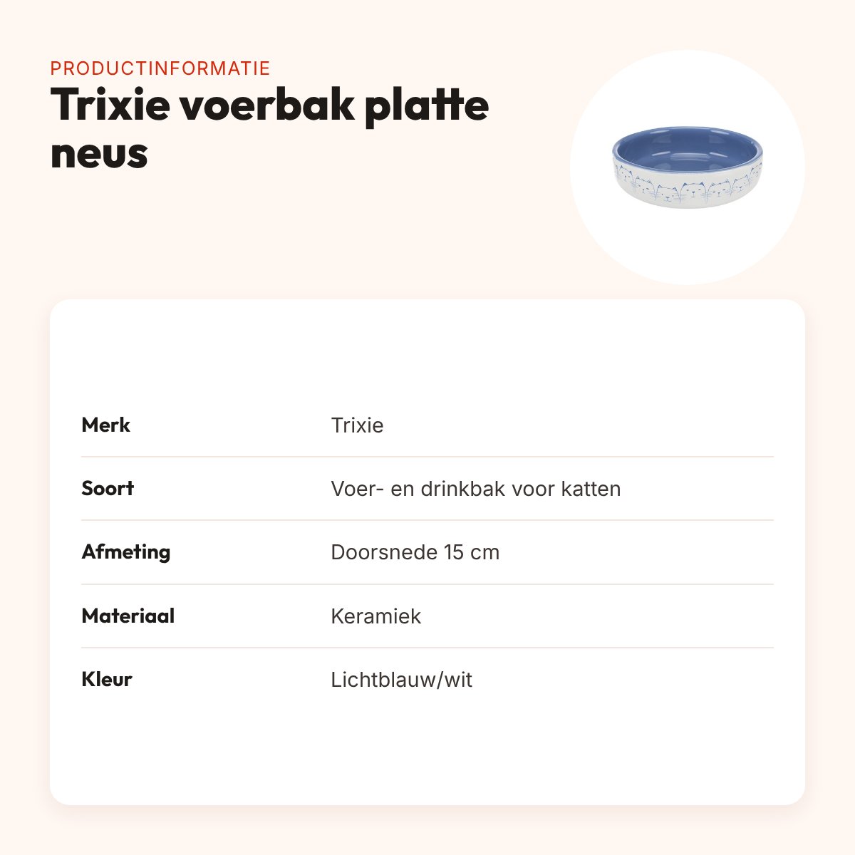 Trixie voerbak/drinkbak kat platte neus lichtblauw/wit 15 cm – productinformatie