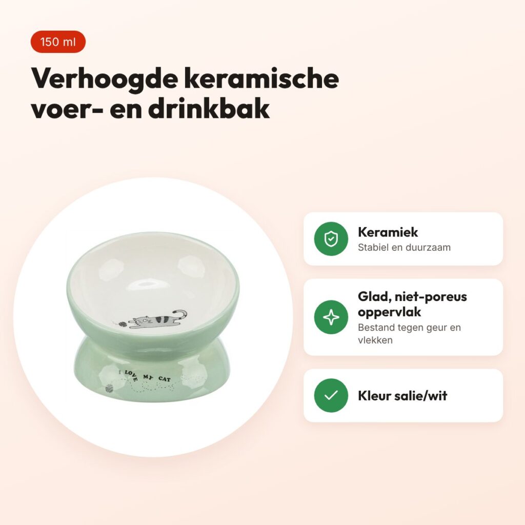 Trixie voerbak/drinkbak kat verhoogd keramiek salie/wit 150 ml – voordelen