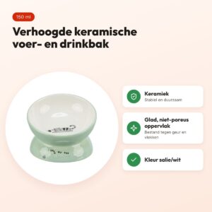 Trixie voerbak/drinkbak kat verhoogd keramiek salie/wit 150 ml – voordelen