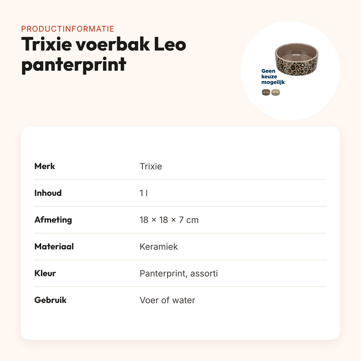Trixie voerbak/drinkbak Leo keramiek panterprint 1 l 18 x 18 x 7 cm – productinformatie