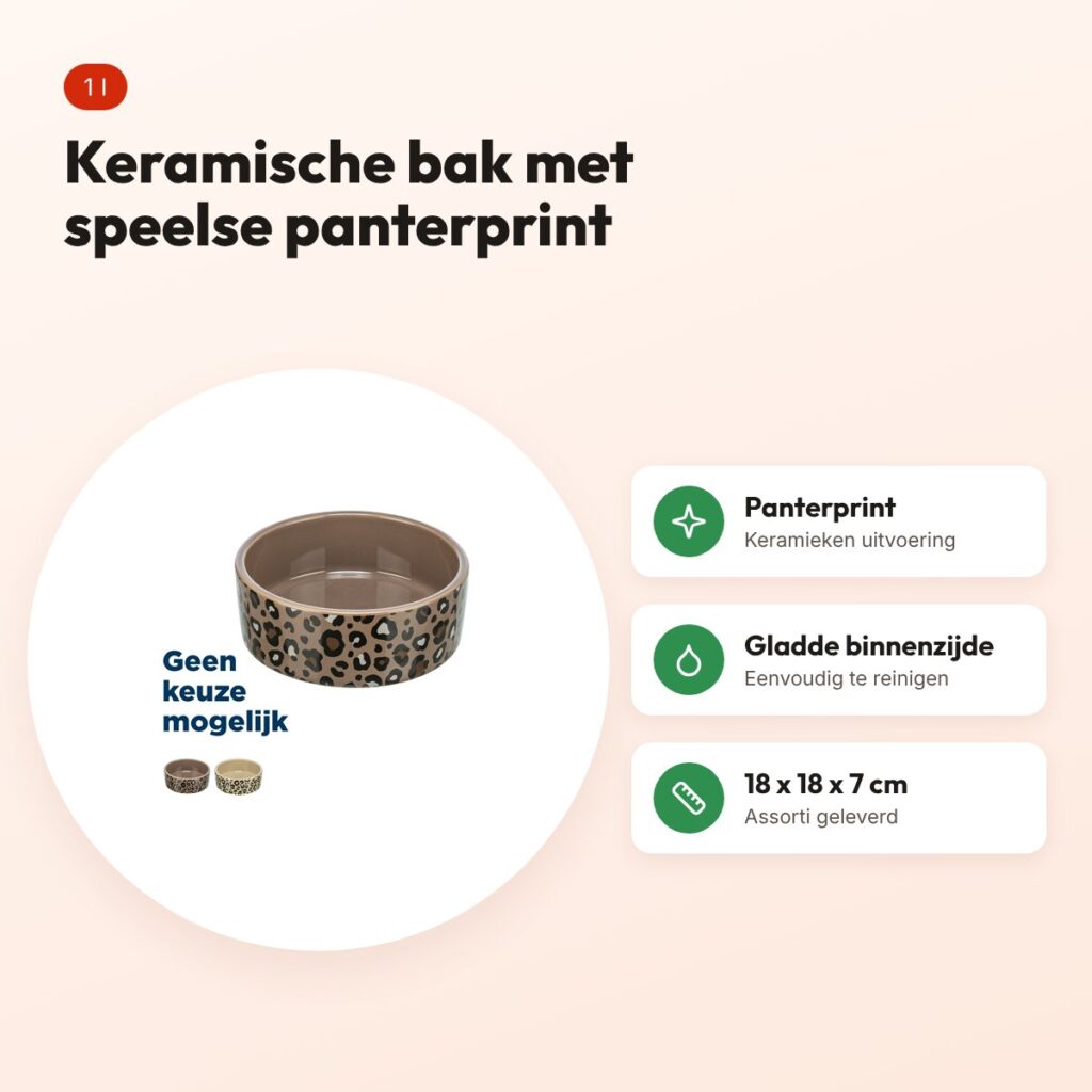 Trixie voerbak/drinkbak Leo keramiek panterprint 1 l 18 x 18 x 7 cm – voordelen