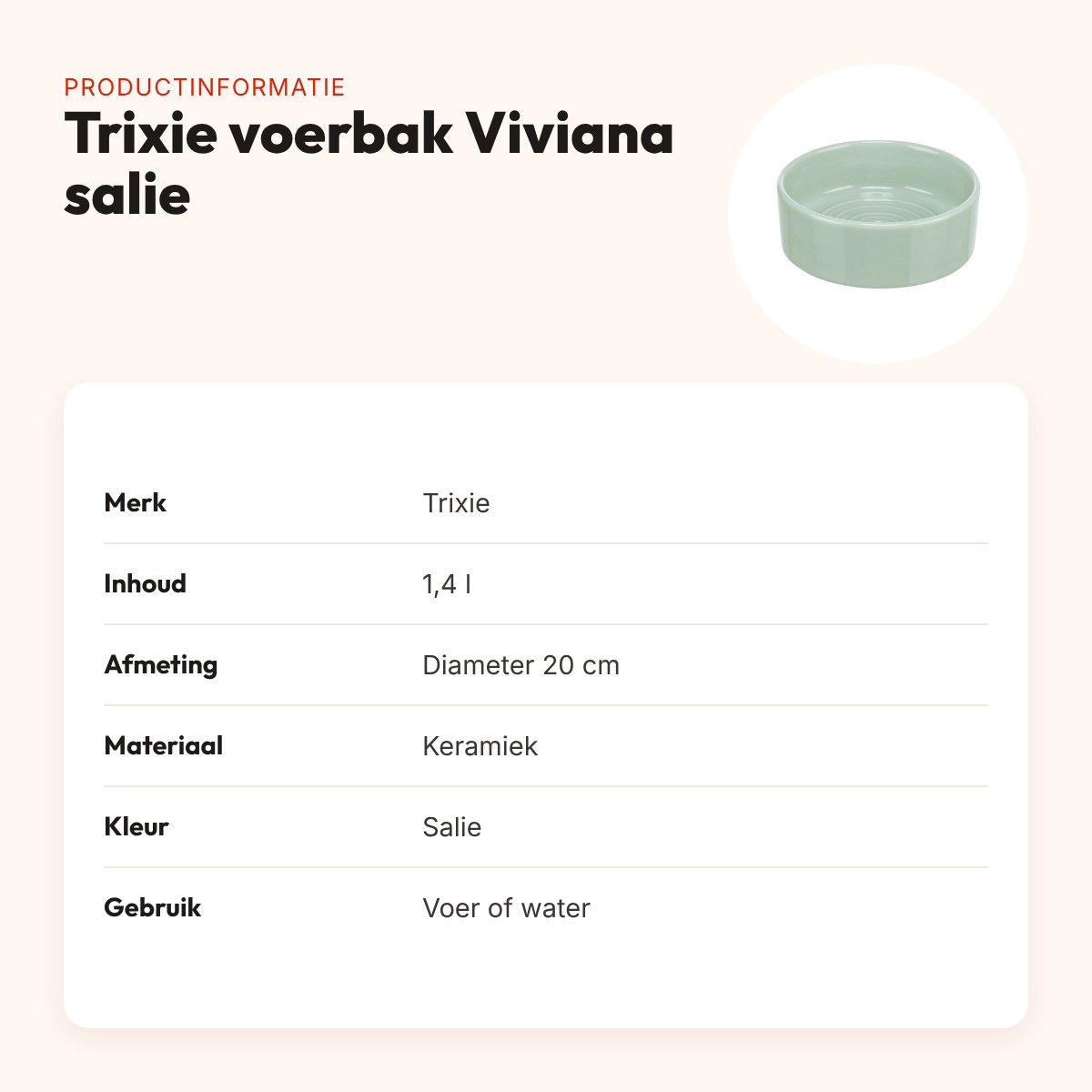 Trixie voerbak/drinkbak Viviana keramiek salie 1,4 l 20 cm – productinformatie