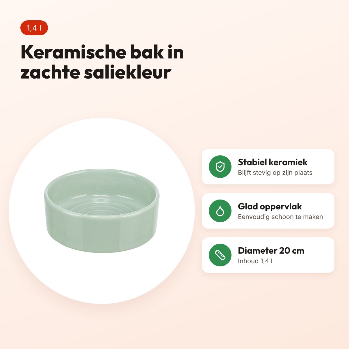 Trixie voerbak/drinkbak Viviana keramiek salie 1,4 l 20 cm – voordelen