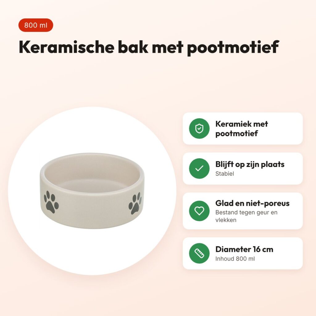 Trixie voerbak en drinkbak pootmotief keramiek lichtgrijs 800 ml 16 cm – voordelen
