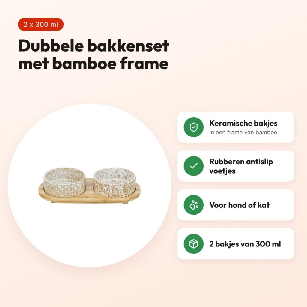 Trixie voerbak en waterbak set keramiek/bamboe wit/natuur 2 x 300 ml – voordelen