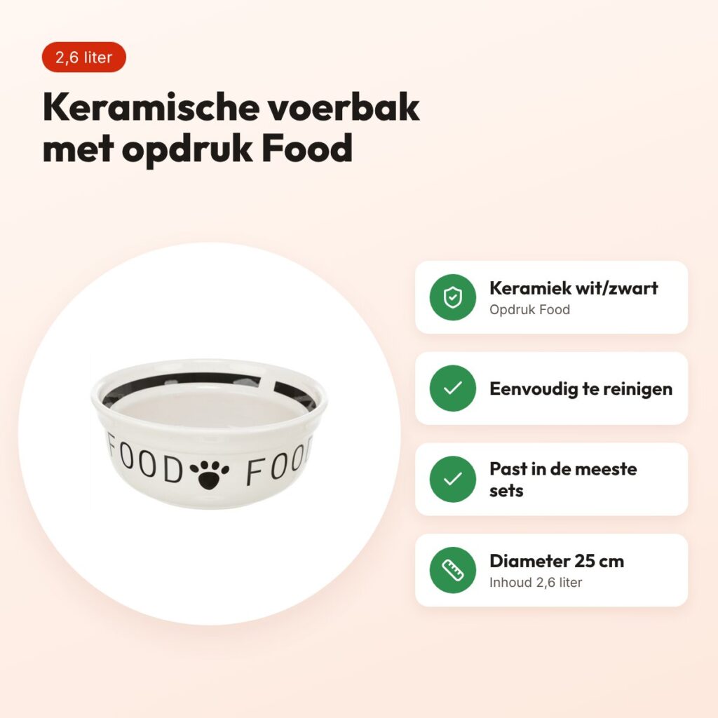 Trixie voerbak Food keramiek wit/zwart 2,6 liter 25 cm – voor honden – voordelen