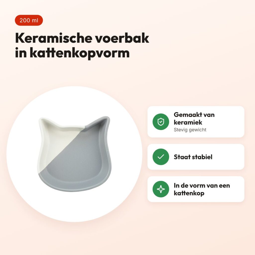Trixie voerbak kat kattenkop keramiek grijs/wit 13 cm 200 ml – voordelen