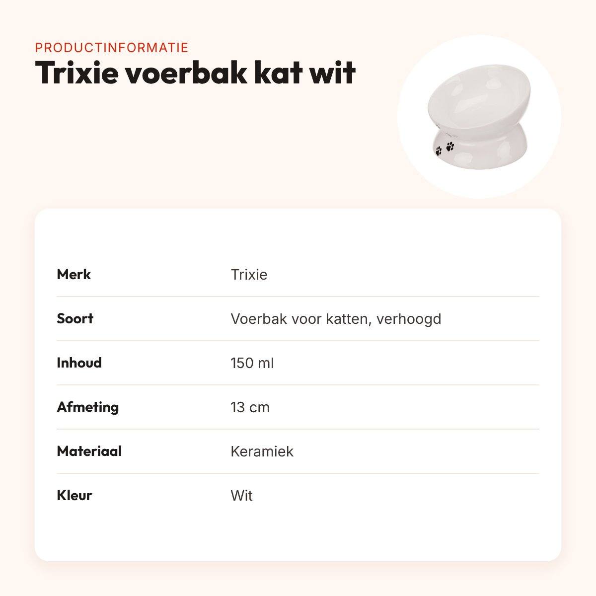 Trixie voerbak kat wit 150 ml 13 cm – ergonomisch, verhoogd – productinformatie