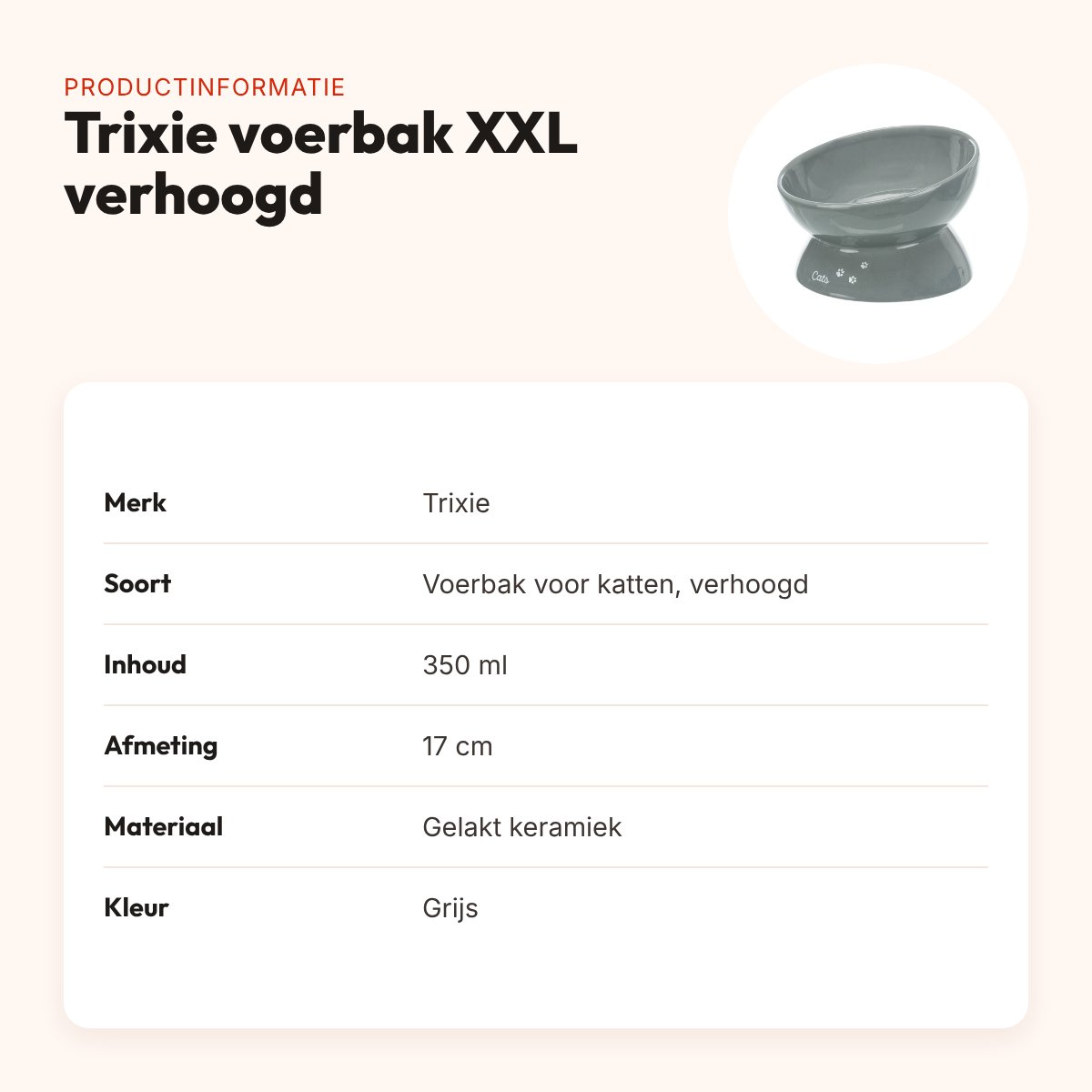 Trixie voerbak kat XXL verhoogd keramiek grijs 350 ml 17 cm – productinformatie