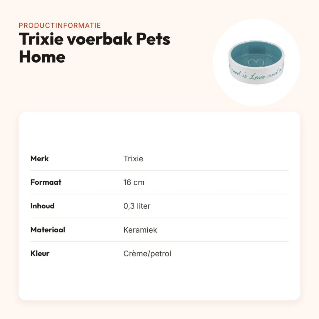 Trixie voerbak Pets Home petrol 16 cm – keramiek, crème/petrol – productinformatie