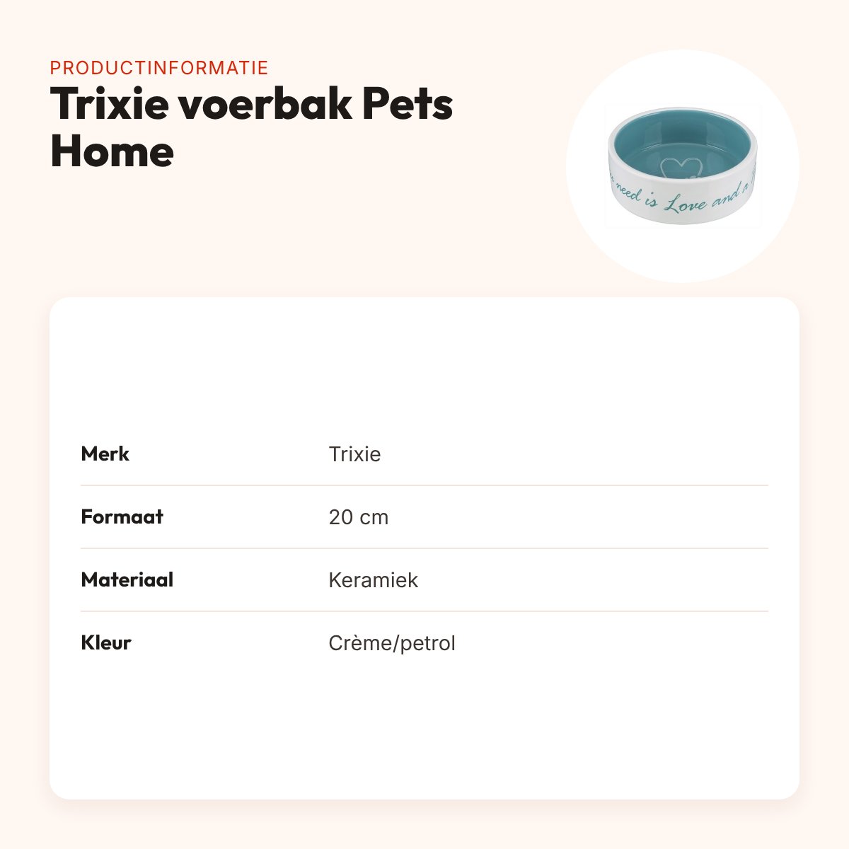 Trixie voerbak Pets Home petrol 20 cm – keramiek, crème/petrol – productinformatie