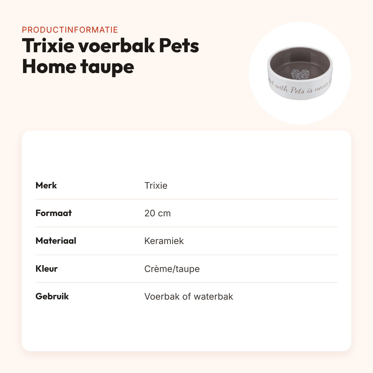 Trixie voerbak Pets Home taupe 20 cm – keramiek, crème/taupe – productinformatie