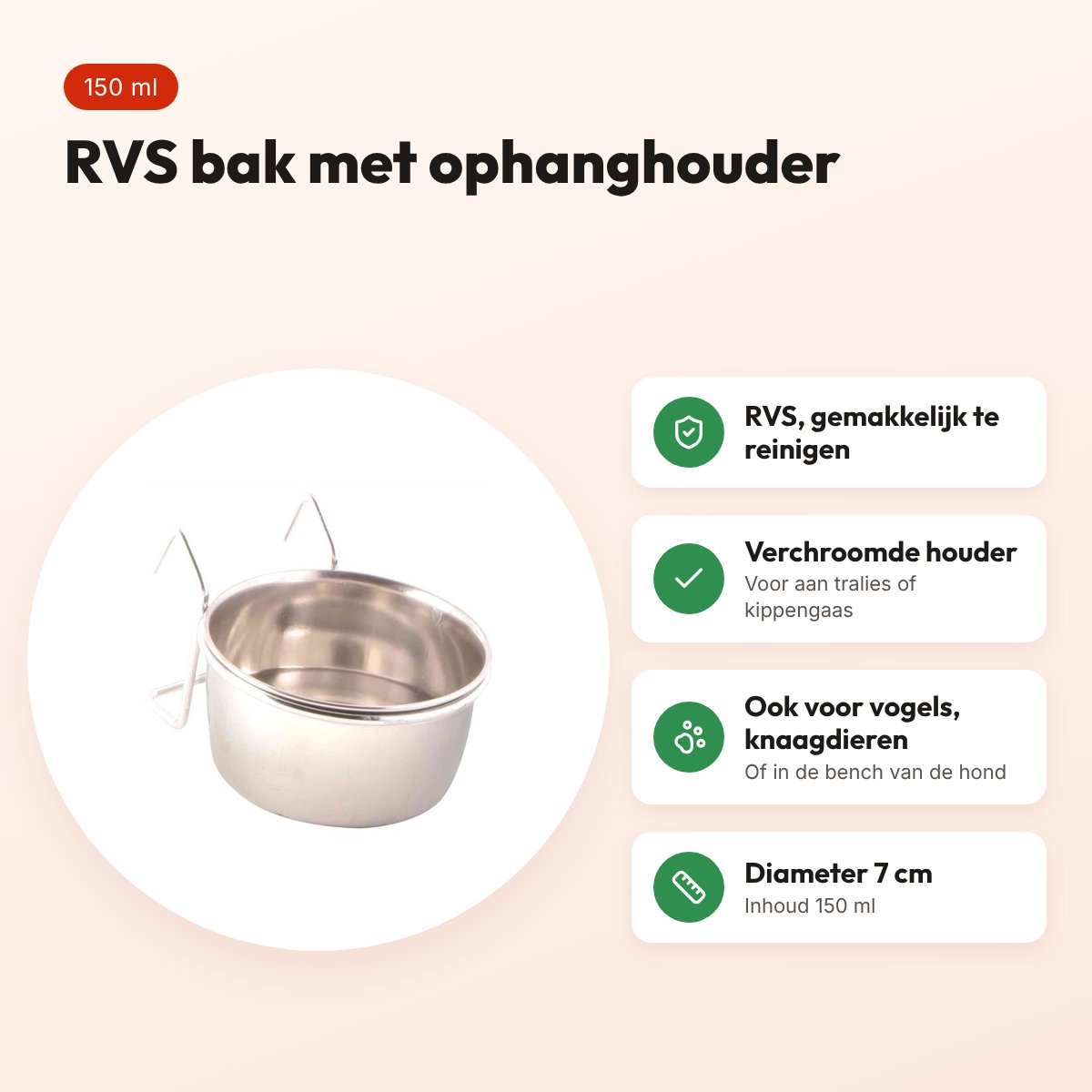 Trixie voerbak RVS 150 ml 7 cm – met houder om op te hangen – voordelen