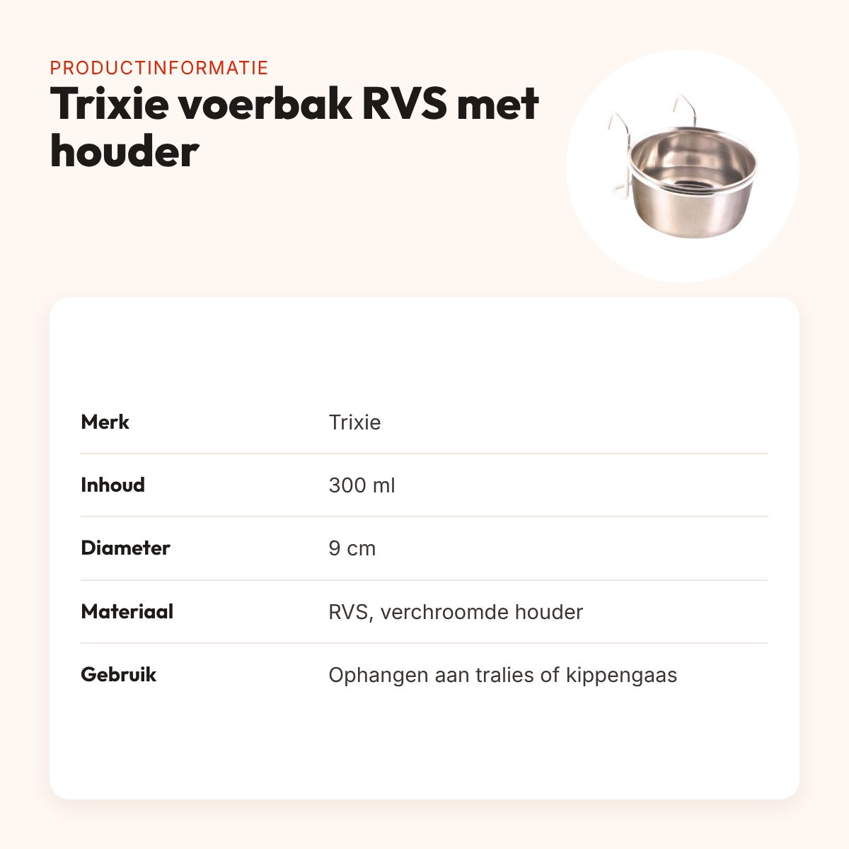 Trixie voerbak RVS 300 ml 9 cm – met houder om op te hangen – productinformatie