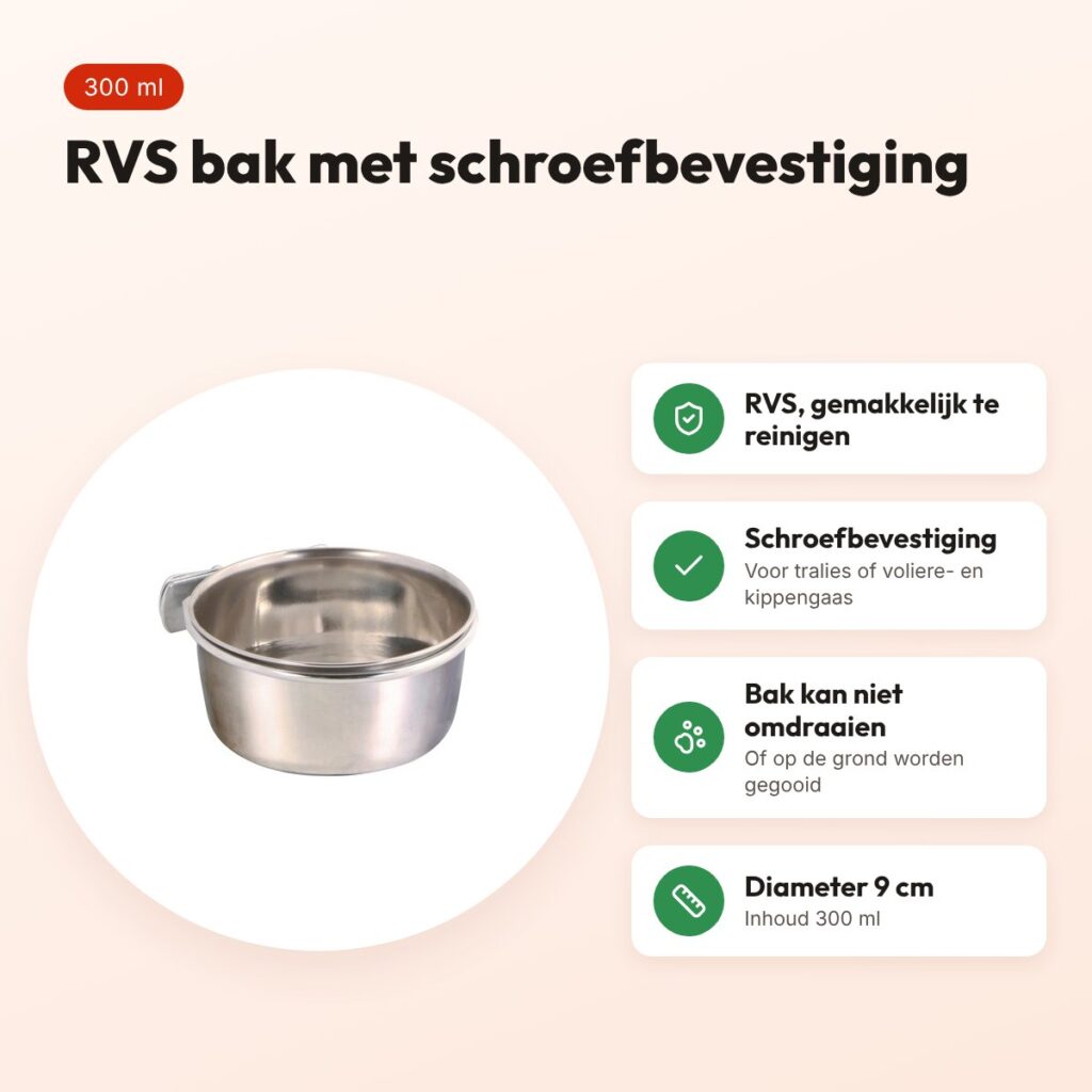 Trixie voerbak RVS 300 ml 9 cm – met schroefbevestiging voor kooi – voordelen