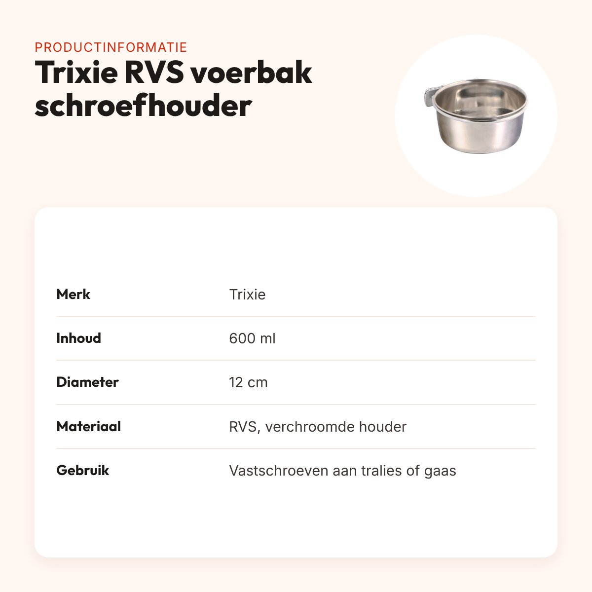 Trixie voerbak RVS 600 ml 12 cm – met schroefbevestiging voor kooi – productinformatie