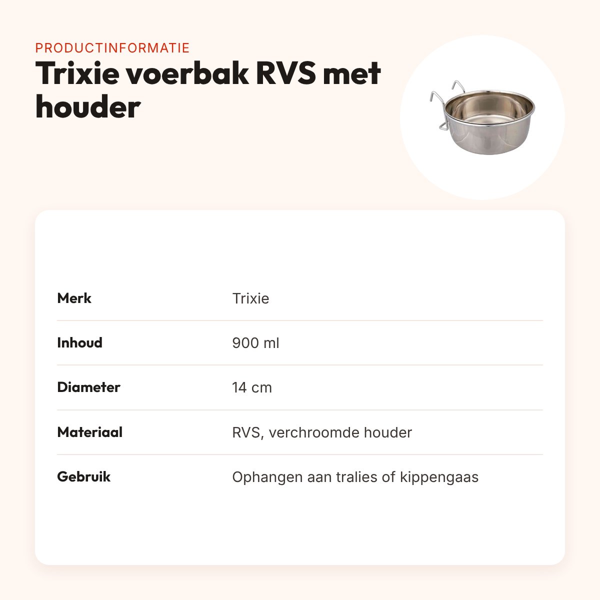 Trixie voerbak RVS 900 ml 14 cm – met houder om op te hangen – productinformatie