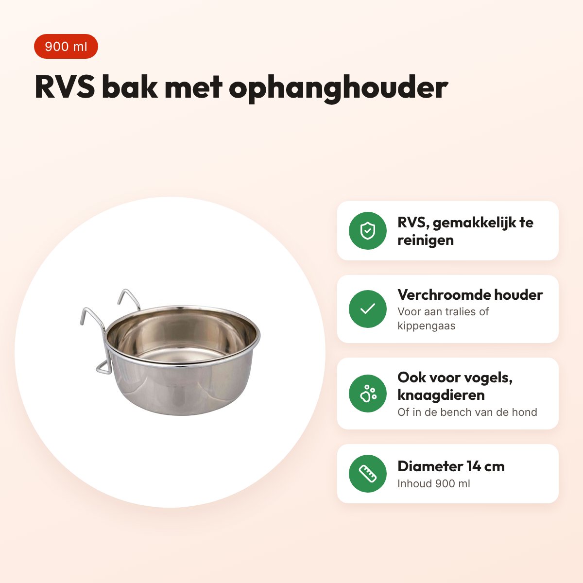 Trixie voerbak RVS 900 ml 14 cm – met houder om op te hangen – voordelen