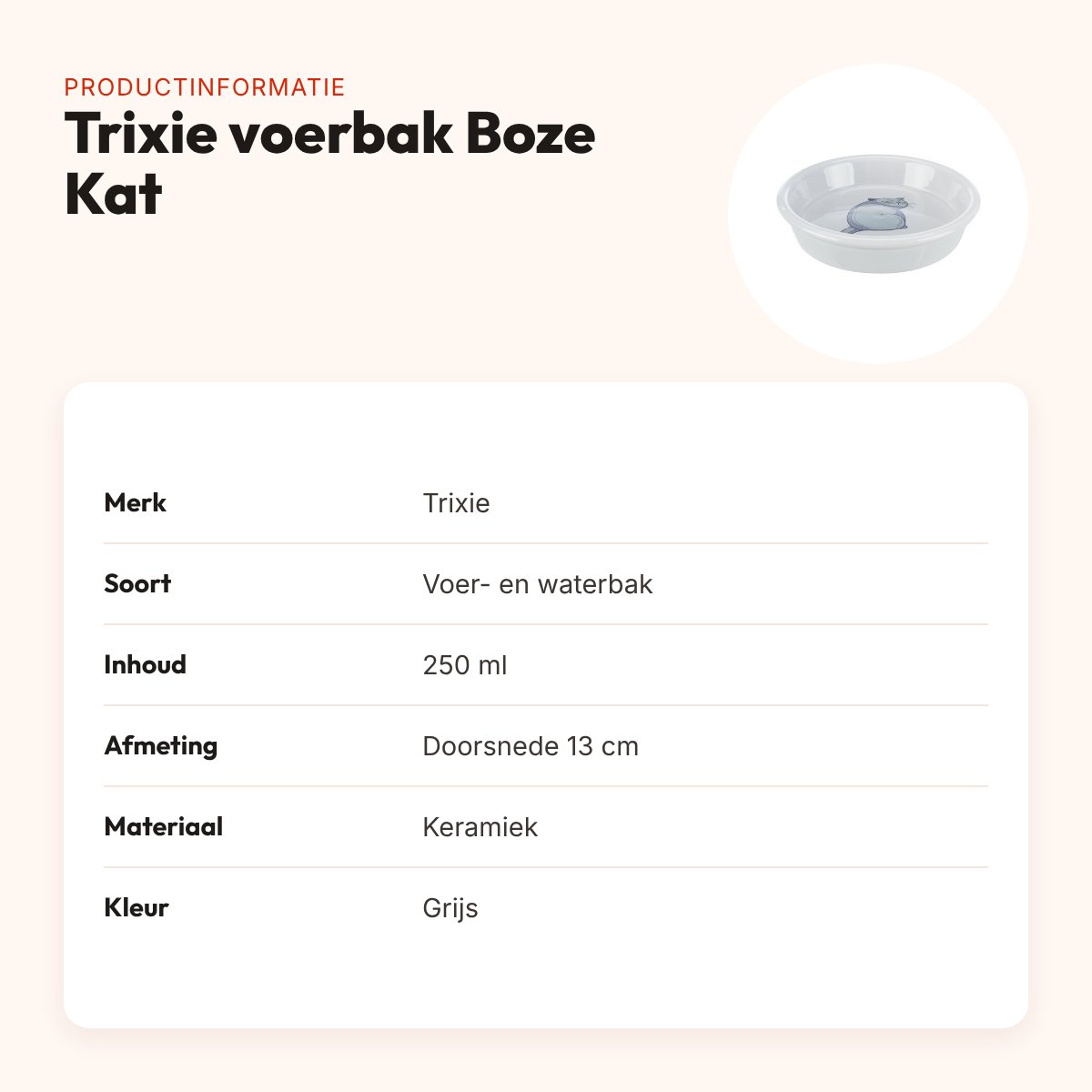 Trixie voerbak/waterbak Boze Kat grijs 13 cm 250 ml – lage rand – productinformatie