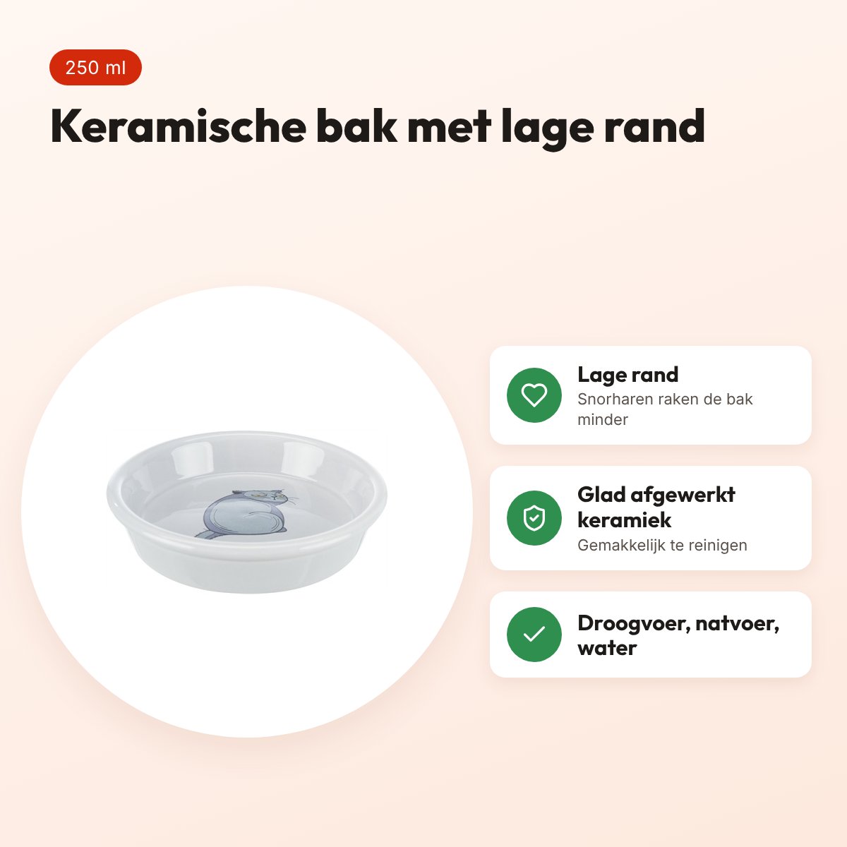 Trixie voerbak/waterbak Boze Kat grijs 13 cm 250 ml – lage rand – voordelen