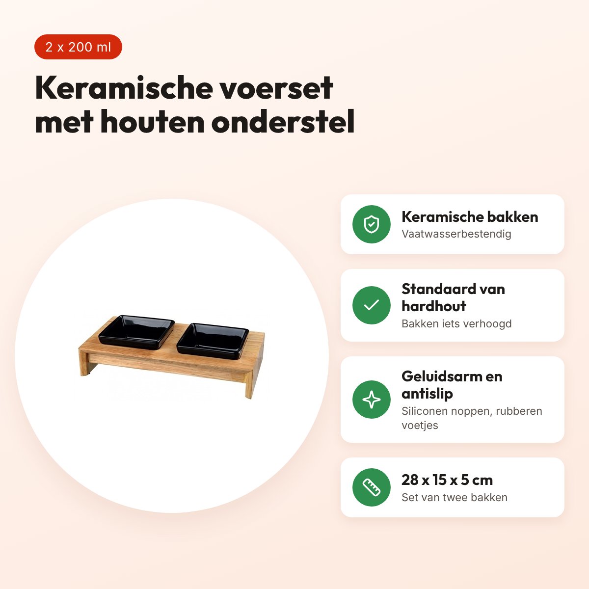 Trixie voerset keramiek zwart, houten onderstel 2 x 200 ml – voordelen