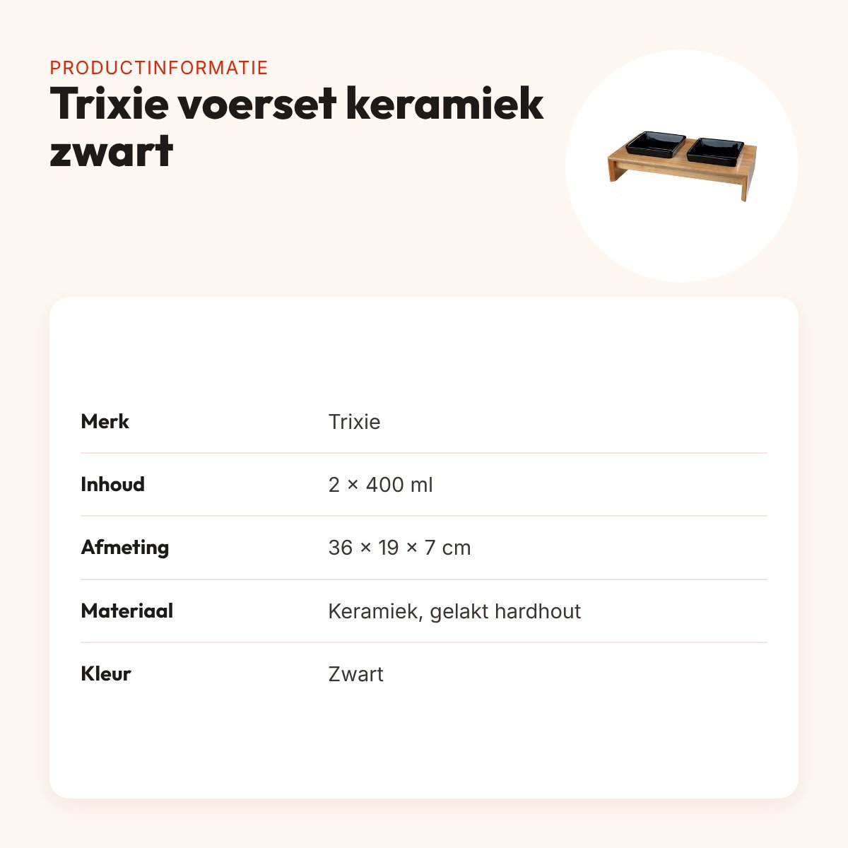 Trixie voerset keramiek zwart, houten onderstel 2 x 400 ml – productinformatie