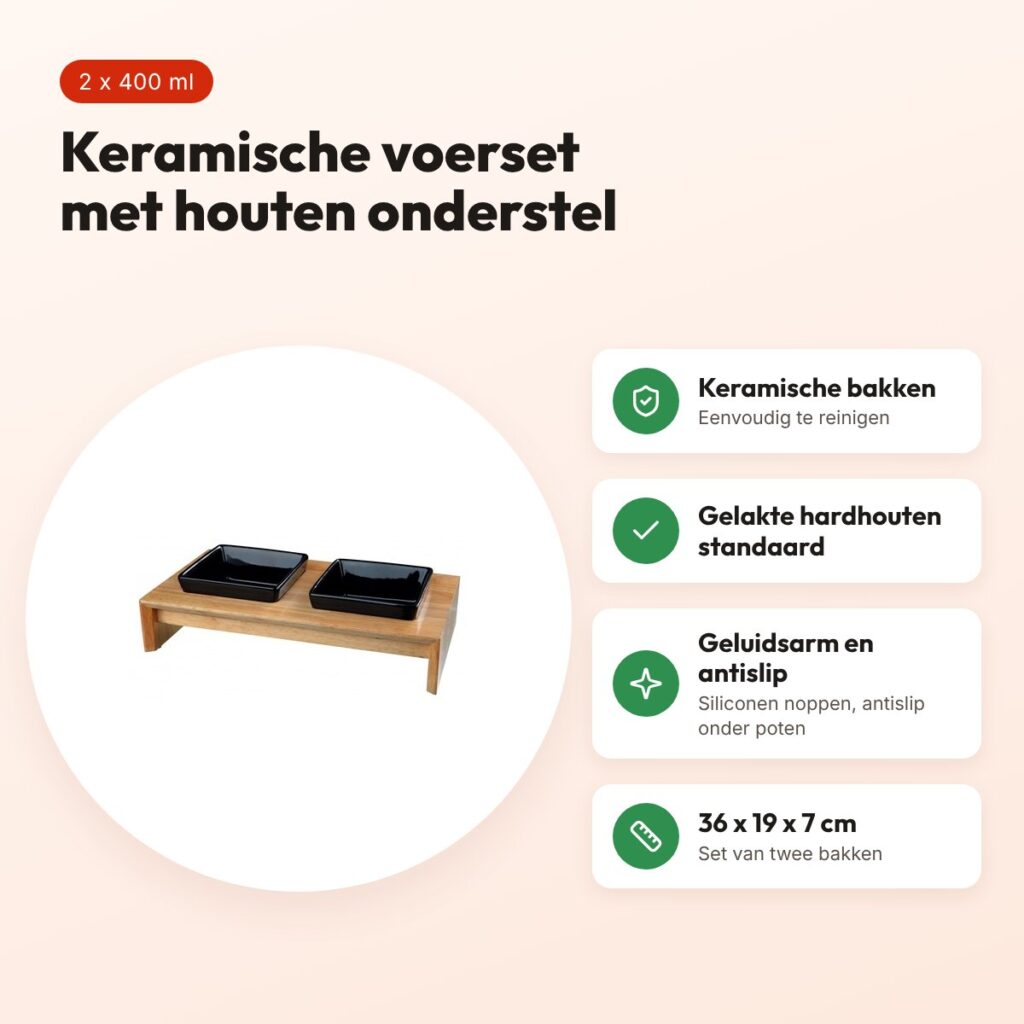 Trixie voerset keramiek zwart, houten onderstel 2 x 400 ml – voordelen