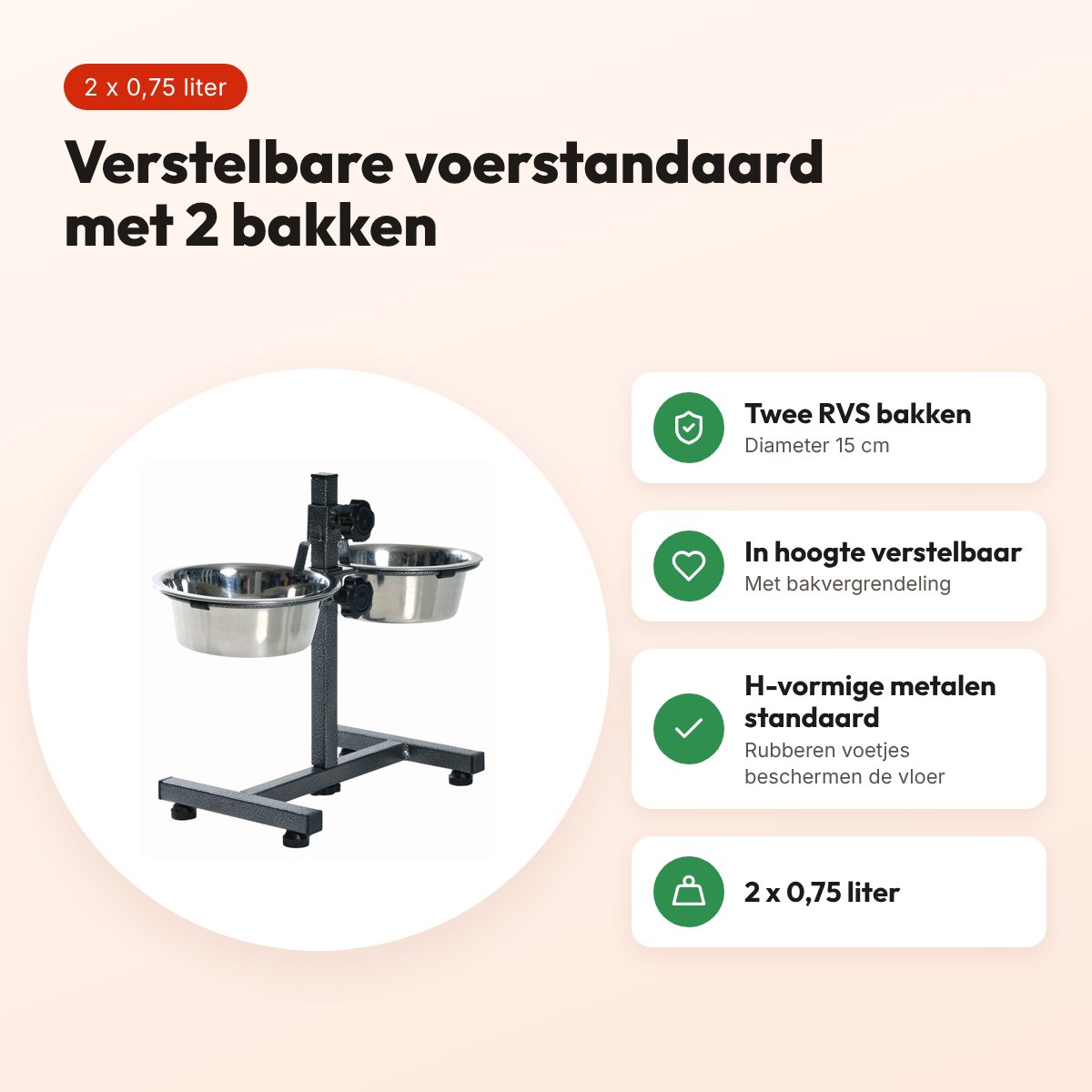 Trixie voerstandaard 0,75 liter 15 cm – verstelbaar, met 2 RVS bakken – voordelen