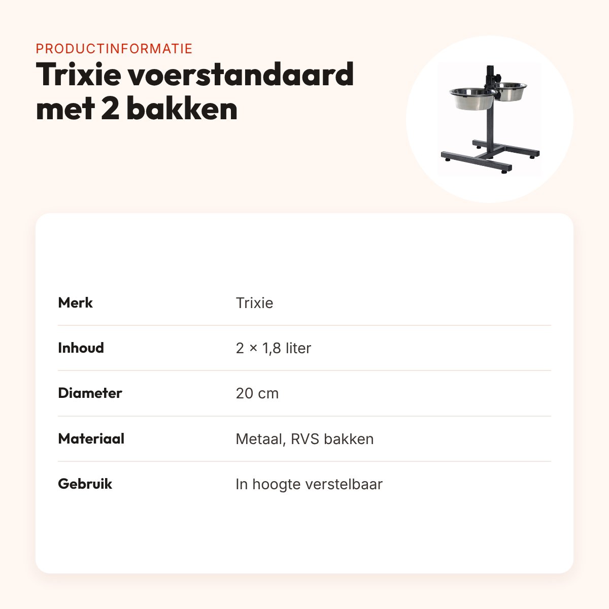 Trixie voerstandaard 1,8 liter 20 cm – verstelbaar, met 2 RVS bakken – productinformatie