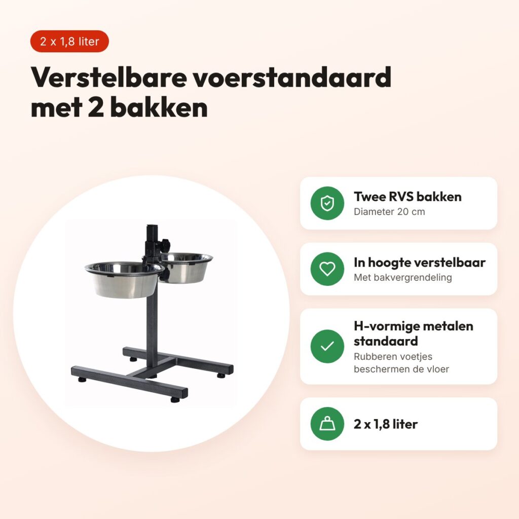 Trixie voerstandaard 1,8 liter 20 cm – verstelbaar, met 2 RVS bakken – voordelen