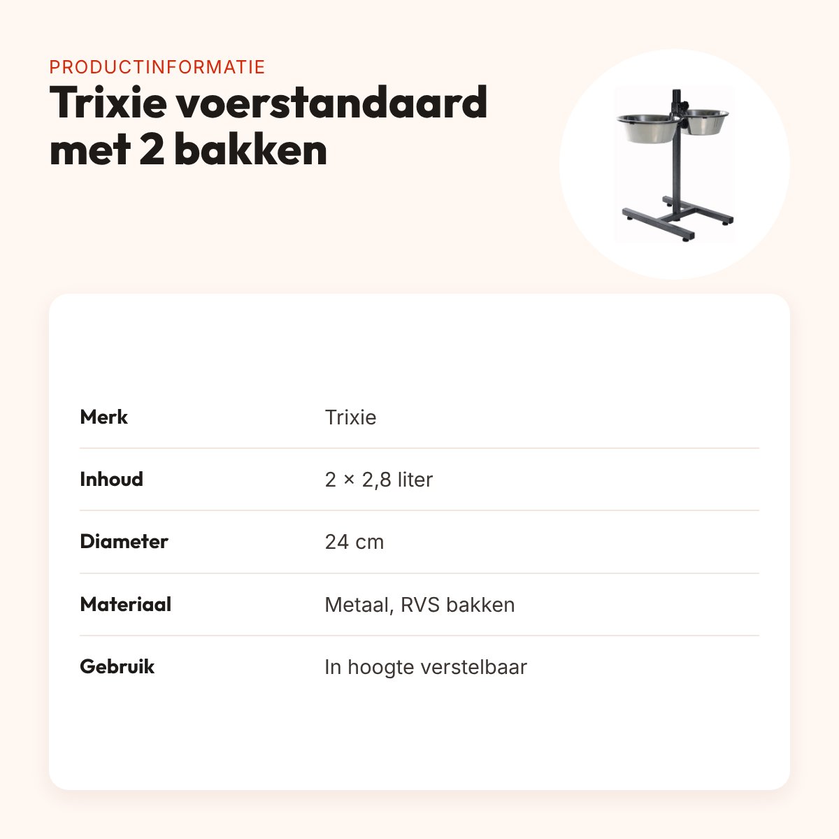Trixie voerstandaard 2,8 liter 24 cm – verstelbaar, met 2 RVS bakken – productinformatie
