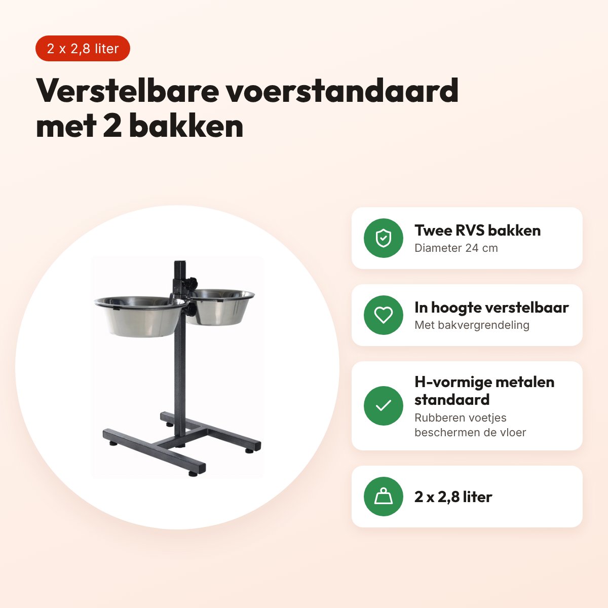 Trixie voerstandaard 2,8 liter 24 cm – verstelbaar, met 2 RVS bakken – voordelen