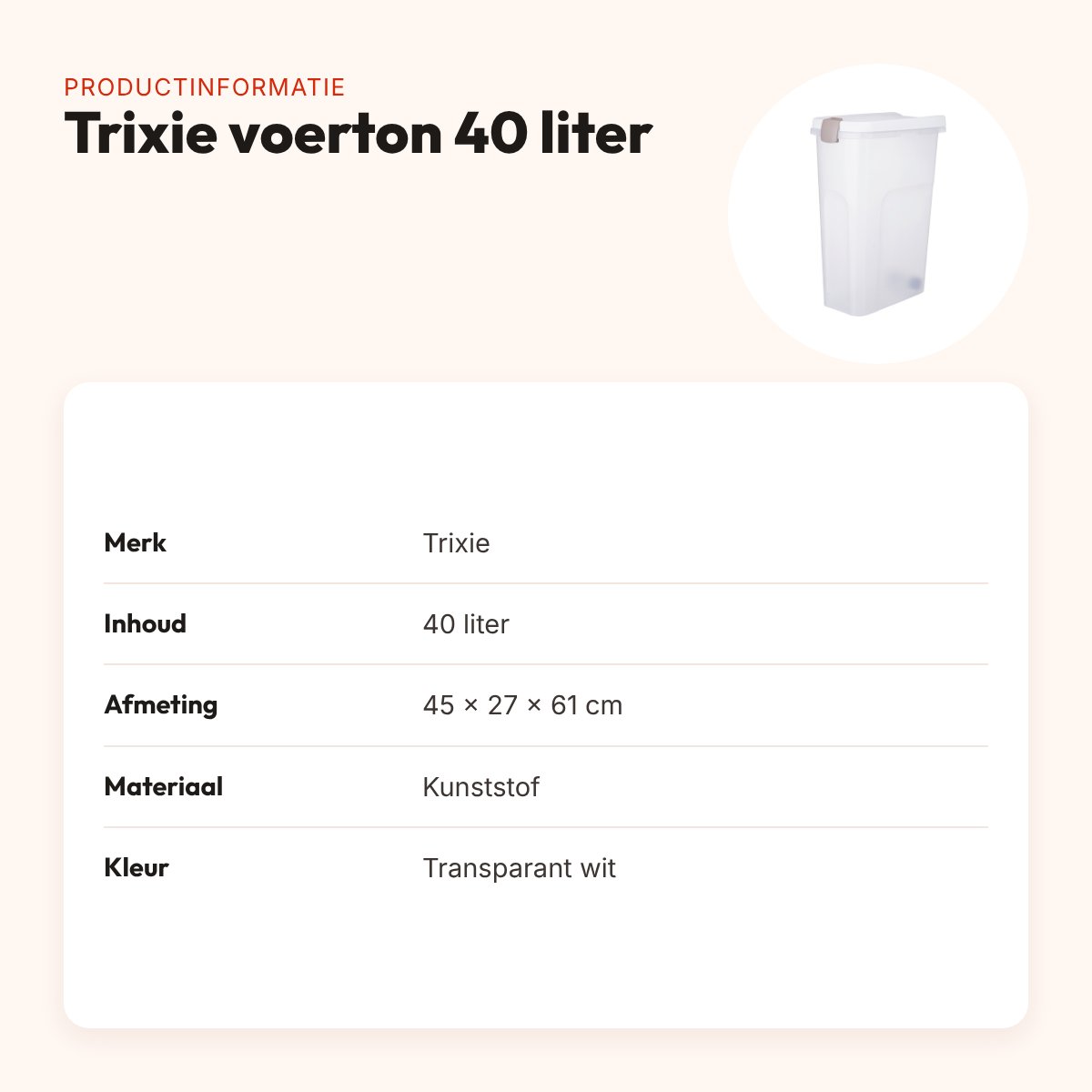 Trixie voerton transparant wit 40 liter – luchtdicht, met wieltjes – productinformatie