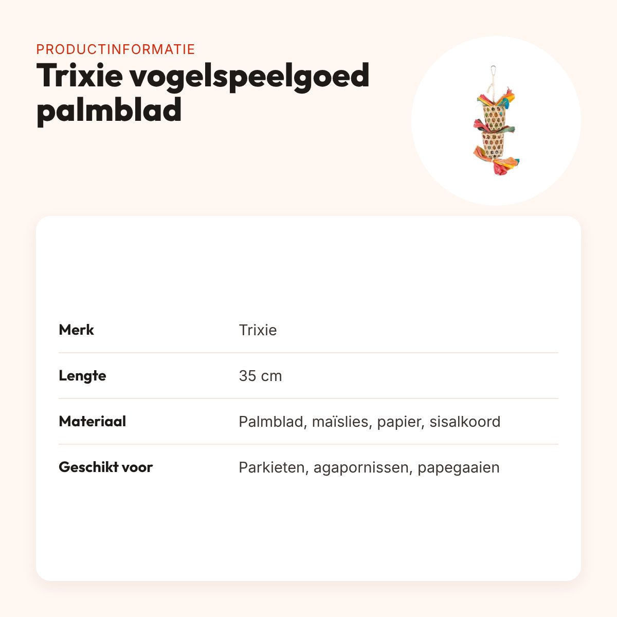 Trixie vogelspeelgoed palmblad en maïslies 35 cm – aan sisalkoord – productinformatie