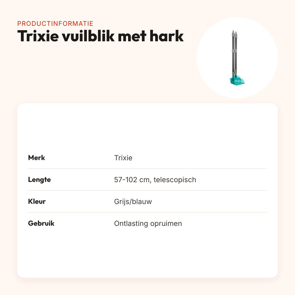 Trixie vuilblik met hark telescopisch 57-102 cm – grijs/blauw – productinformatie
