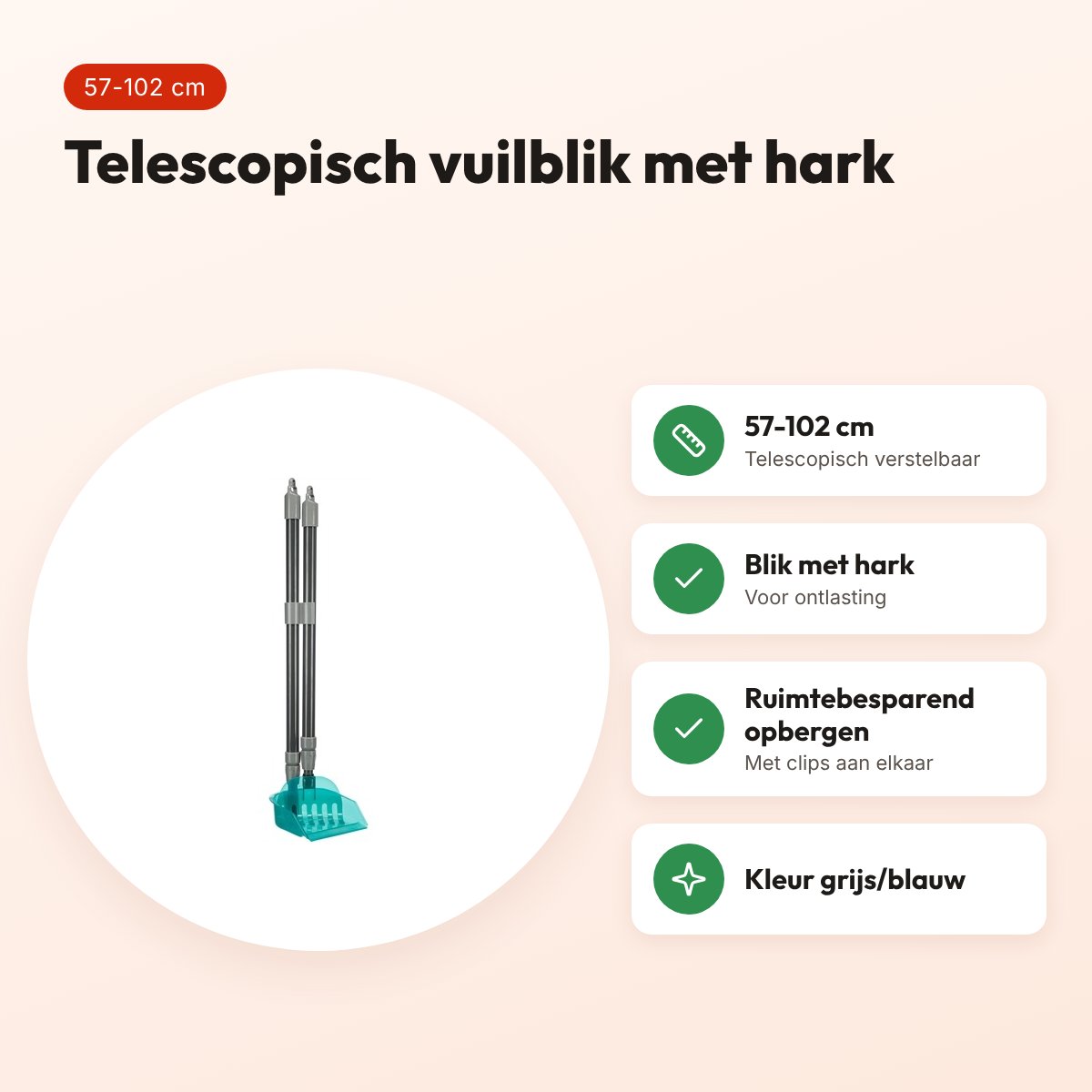 Trixie vuilblik met hark telescopisch 57-102 cm – grijs/blauw – voordelen