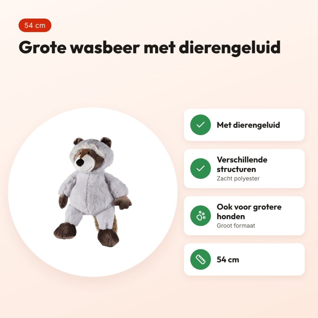 Trixie wasbeer pluche 54 cm – grote hondenknuffel met dierengeluid – voordelen