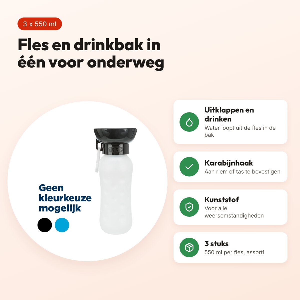 Trixie waterdispenser voor onderweg 550 ml assorti – 3 stuks – voordelen