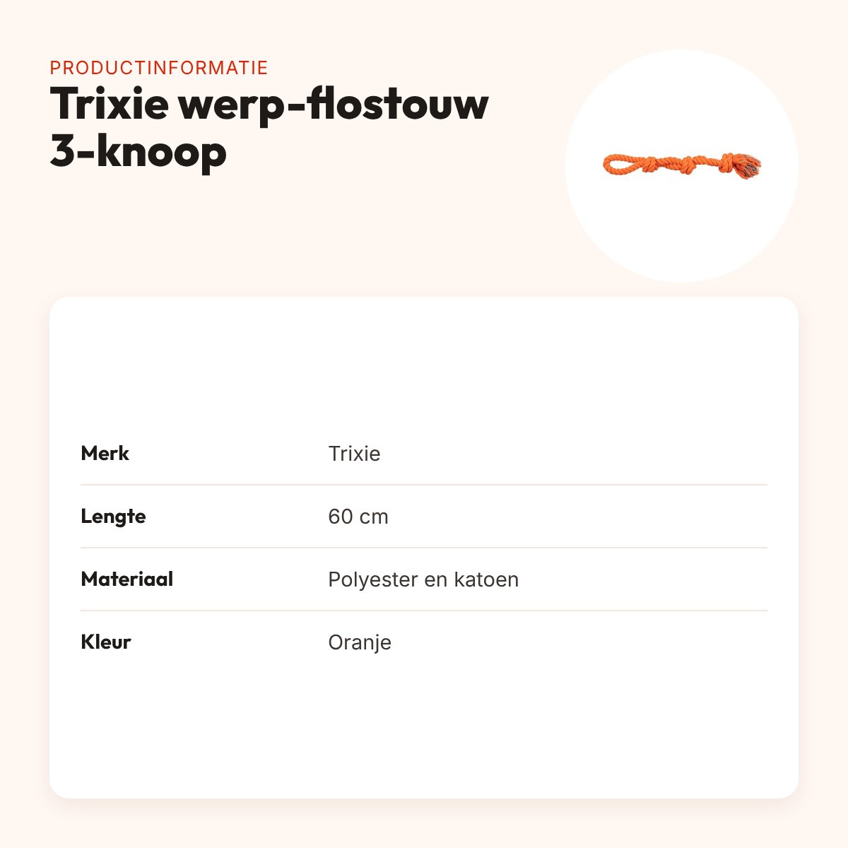 Trixie werp flostouw 3-knoop oranje 60 cm – polyester en katoen – productinformatie