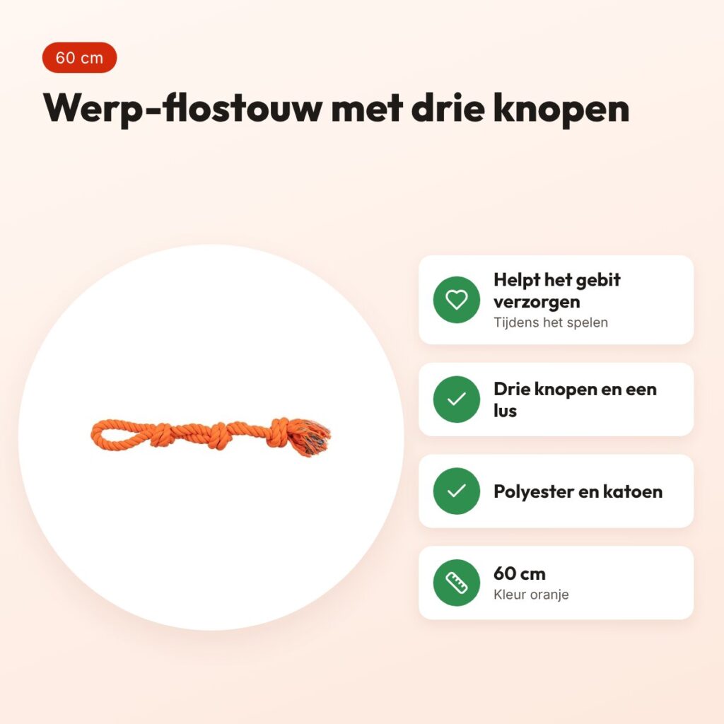 Trixie werp flostouw 3-knoop oranje 60 cm – polyester en katoen – voordelen