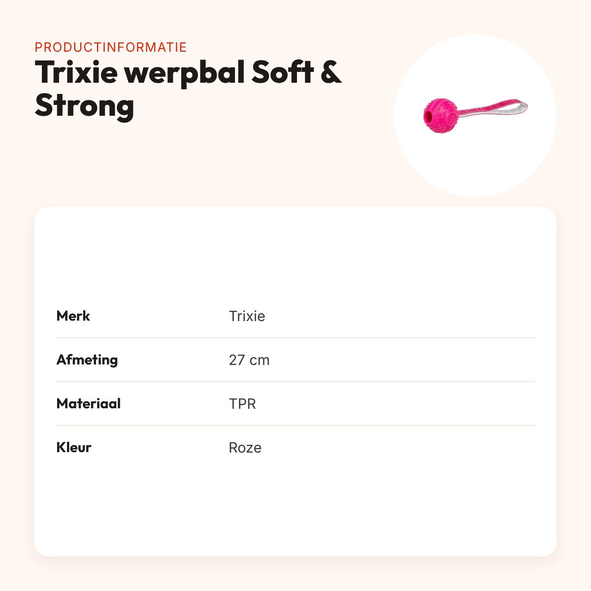 Trixie werpbal Soft & Strong TPR roze 27 cm – met lus en noppen – productinformatie