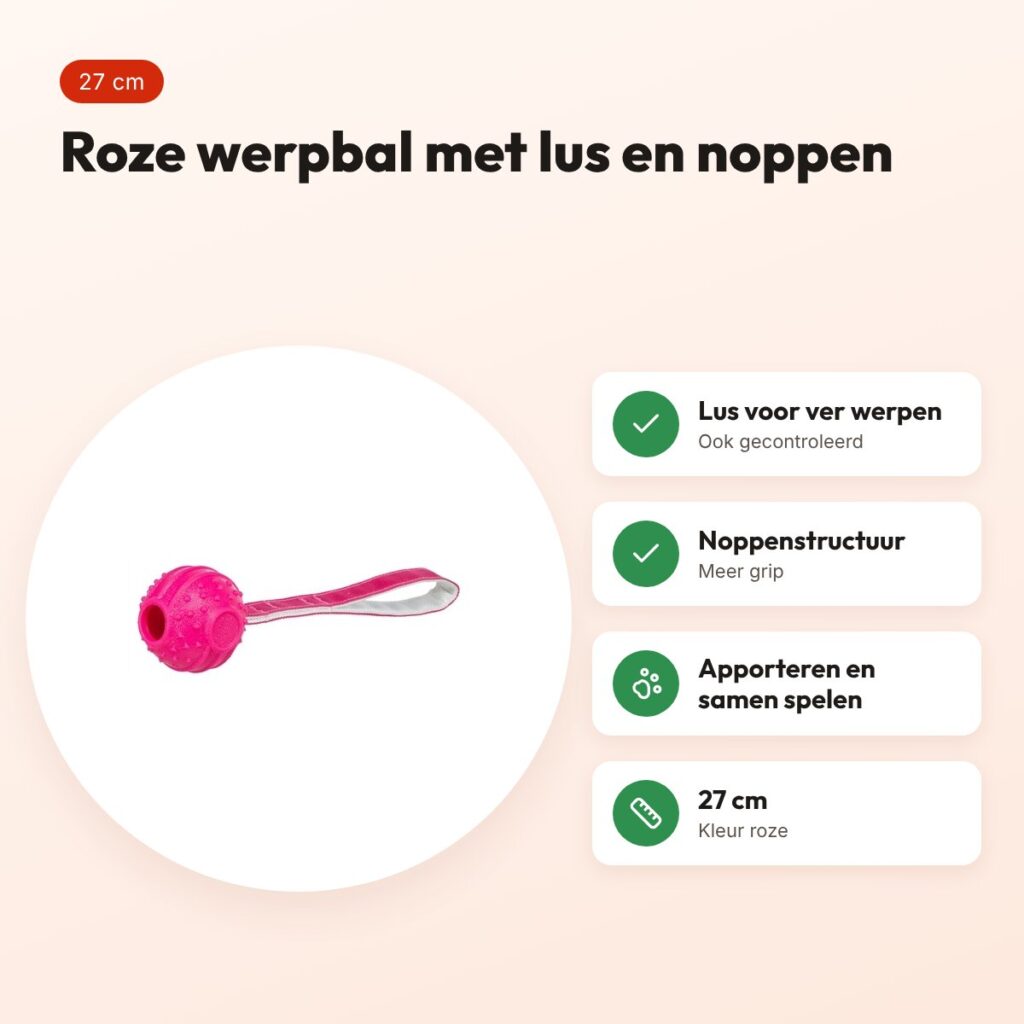 Trixie werpbal Soft & Strong TPR roze 27 cm – met lus en noppen – voordelen