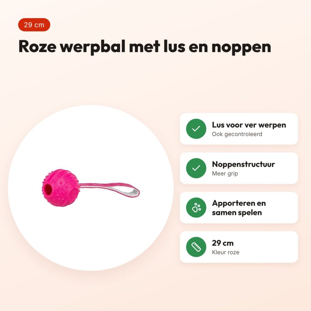 Trixie werpbal Soft & Strong TPR roze 29 cm – met lus en noppen – voordelen