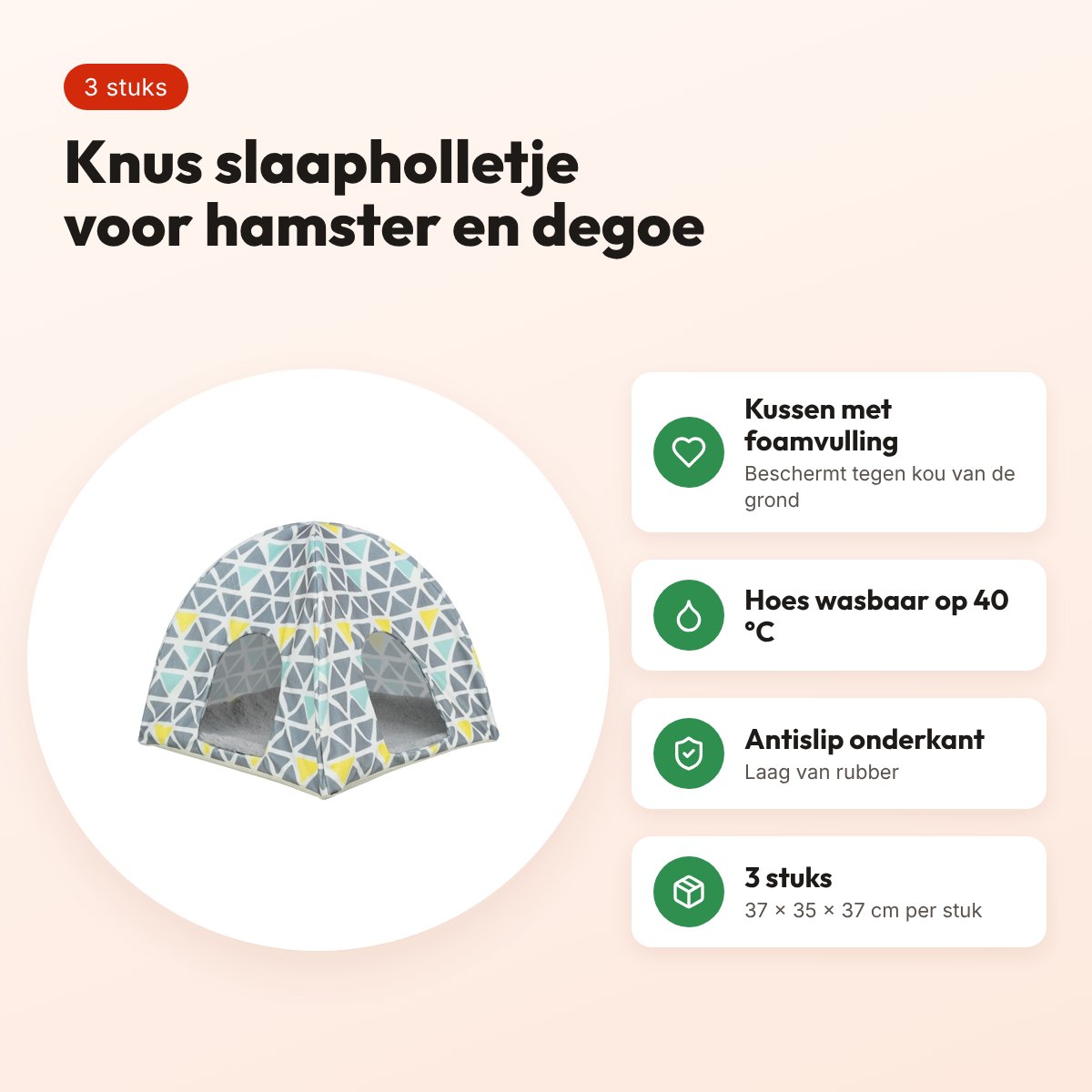 Trixie wigwam Sunny voor hamsters en degoes 37 x 35 x 37 cm – 3 stuks – voordelen