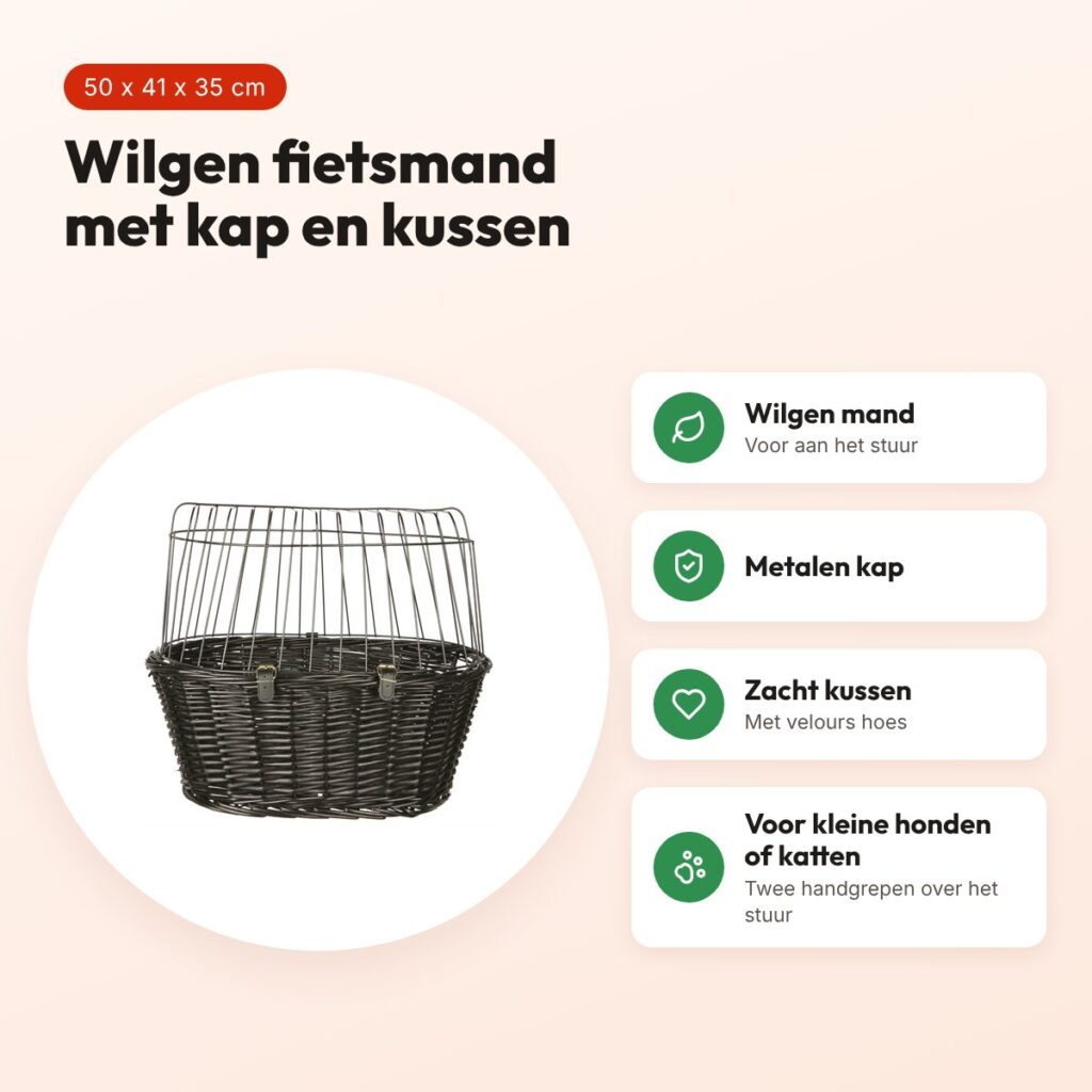 Trixie wilgen fietsmand voorop zwart 50 x 41 x 35 cm – met kussen en kap – voordelen