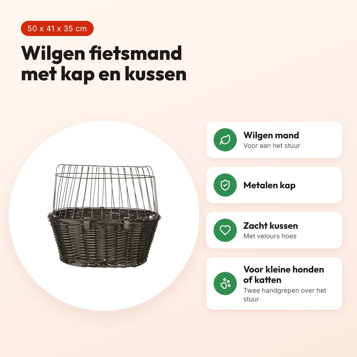 Trixie wilgen fietsmand voorop zwart 50 x 41 x 35 cm – met kussen en kap – voordelen