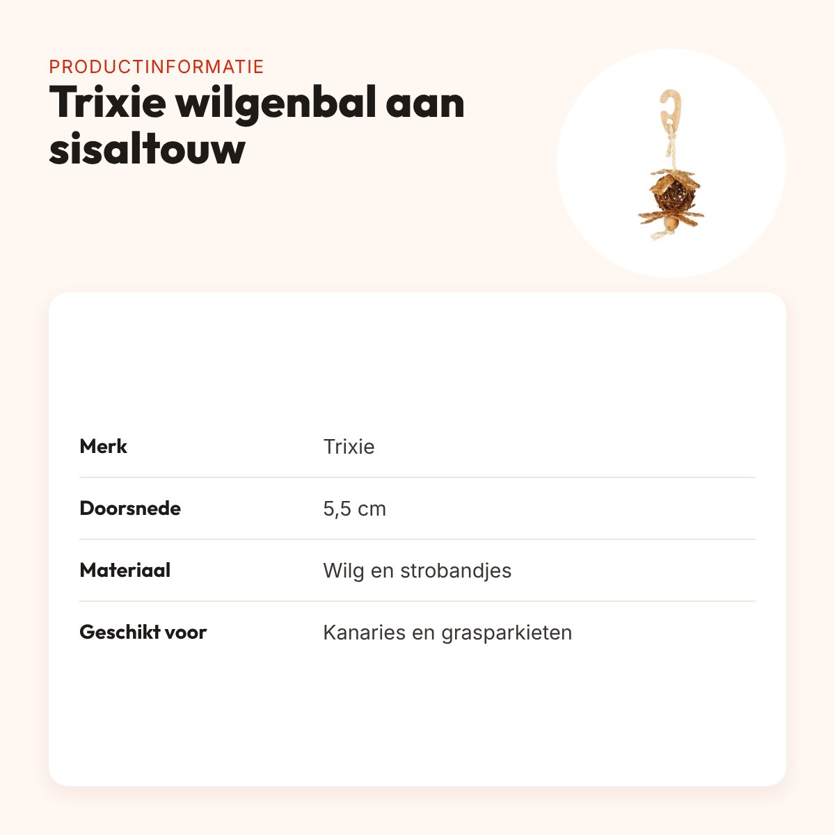Trixie wilgenbal aan sisaltouw 5,5 cm – vogelspeelgoed – productinformatie