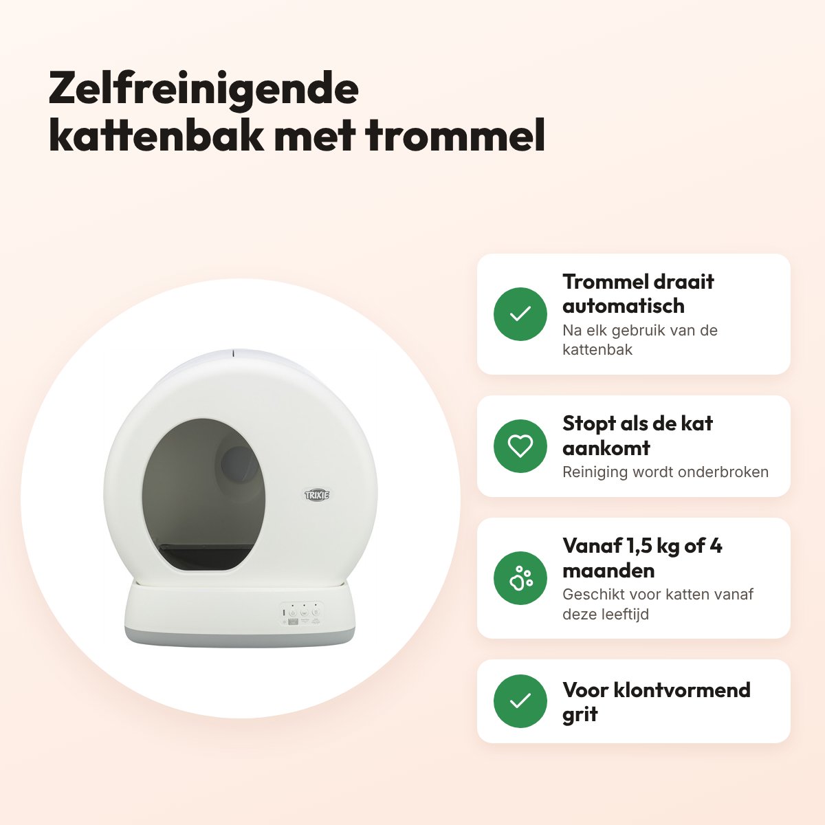 Trixie zelfreinigende kattenbak kunststof wit 53 x 52 x 55 cm – voordelen